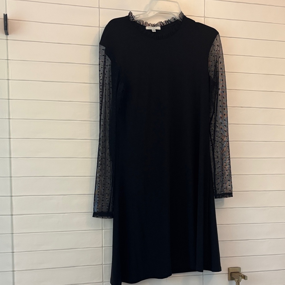 Black Long-Sleeve Dress with Sheer Polka-Dot Sleeves